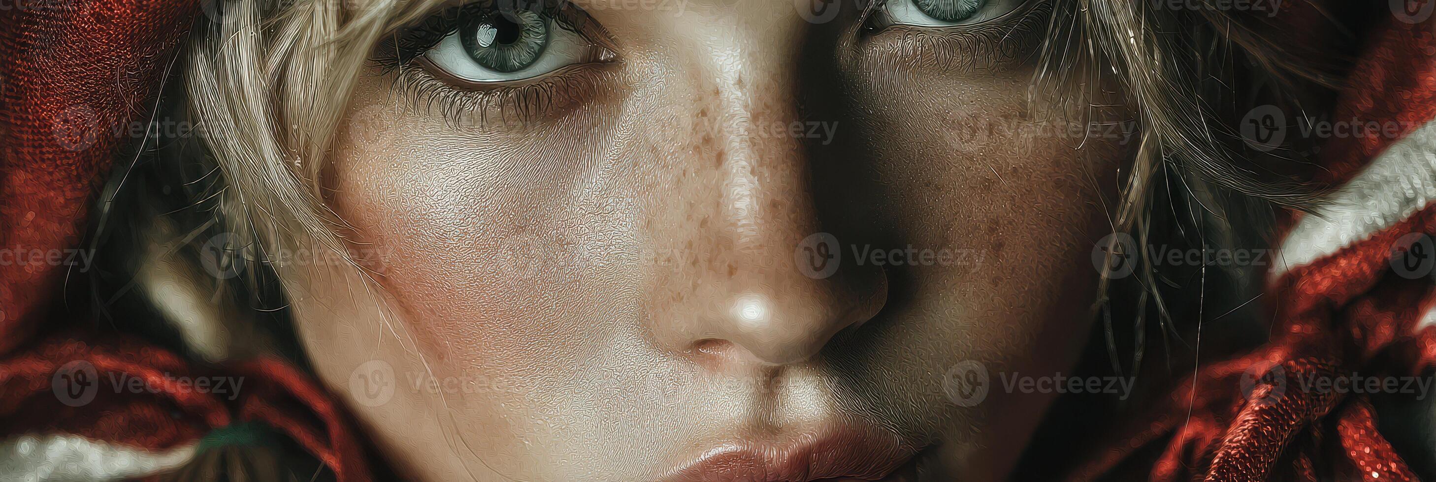 Close-up portrait of a young woman with striking features in dramatic red fabric by natural light photo