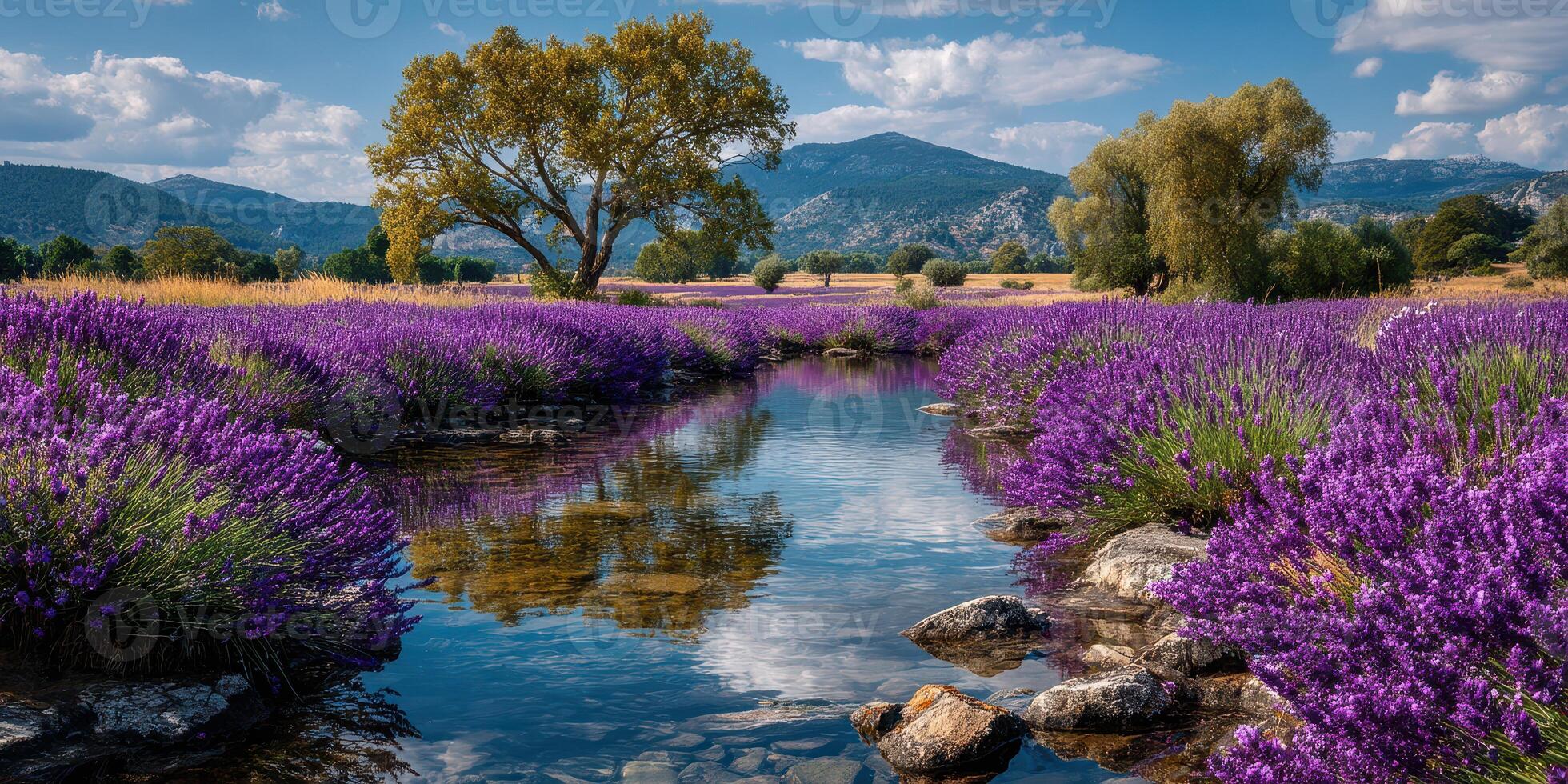 Lavender field with flowing stream and distant mountains under bright blue sky in summer photo