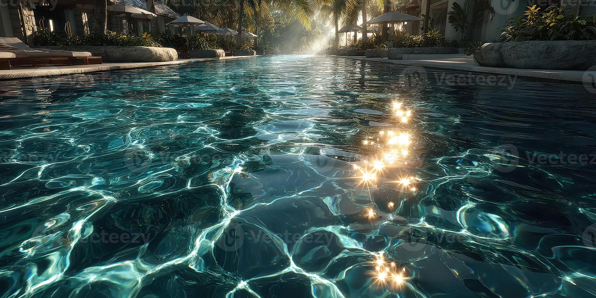 Sparkling water reflections in a serene pool at a tropical resort during a sunny afternoon photo