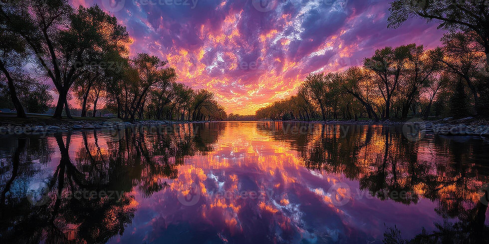 Stunning sunset reflecting on a calm river lined with trees and vibrant clouds in the evening sky photo