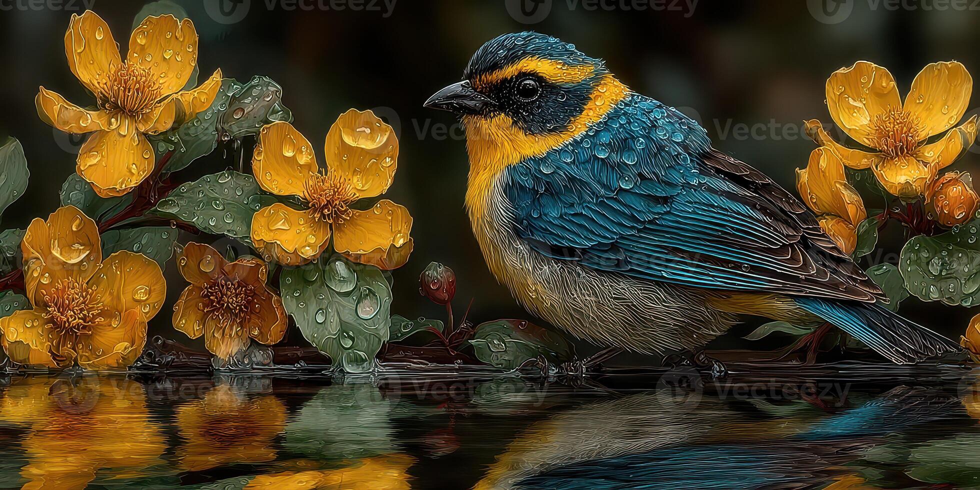 Colorful bird perched beside vibrant yellow flowers with water droplets in a serene garden setting photo