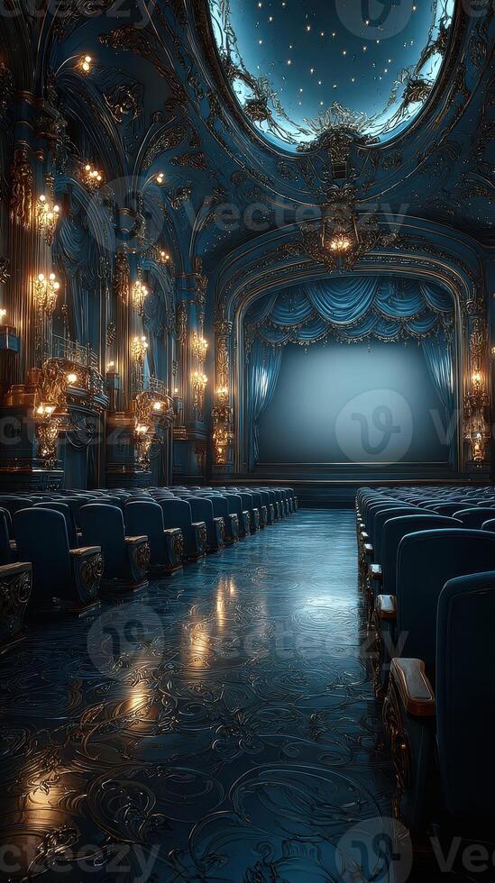 Luxurious theatre interior with ornate decor, blue lighting, and elegant seating arrangement set for a performance photo