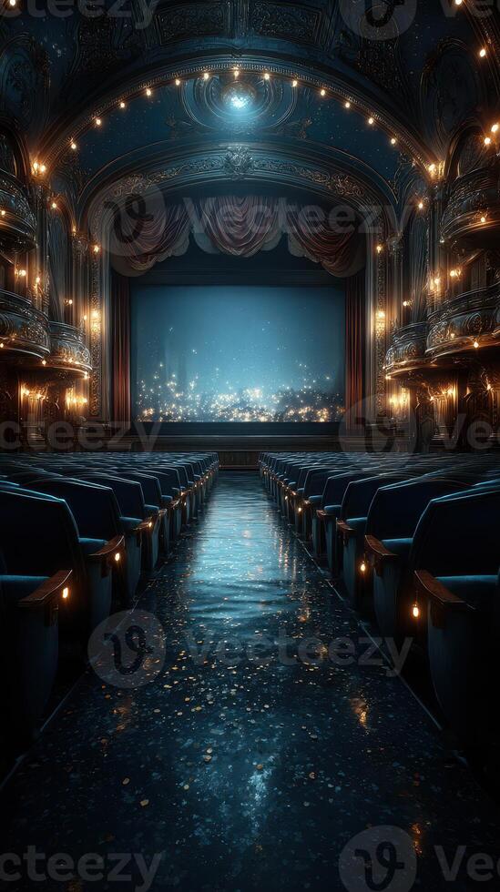 Grand theater interior with elegant seating and bright stage under soft lighting at night photo