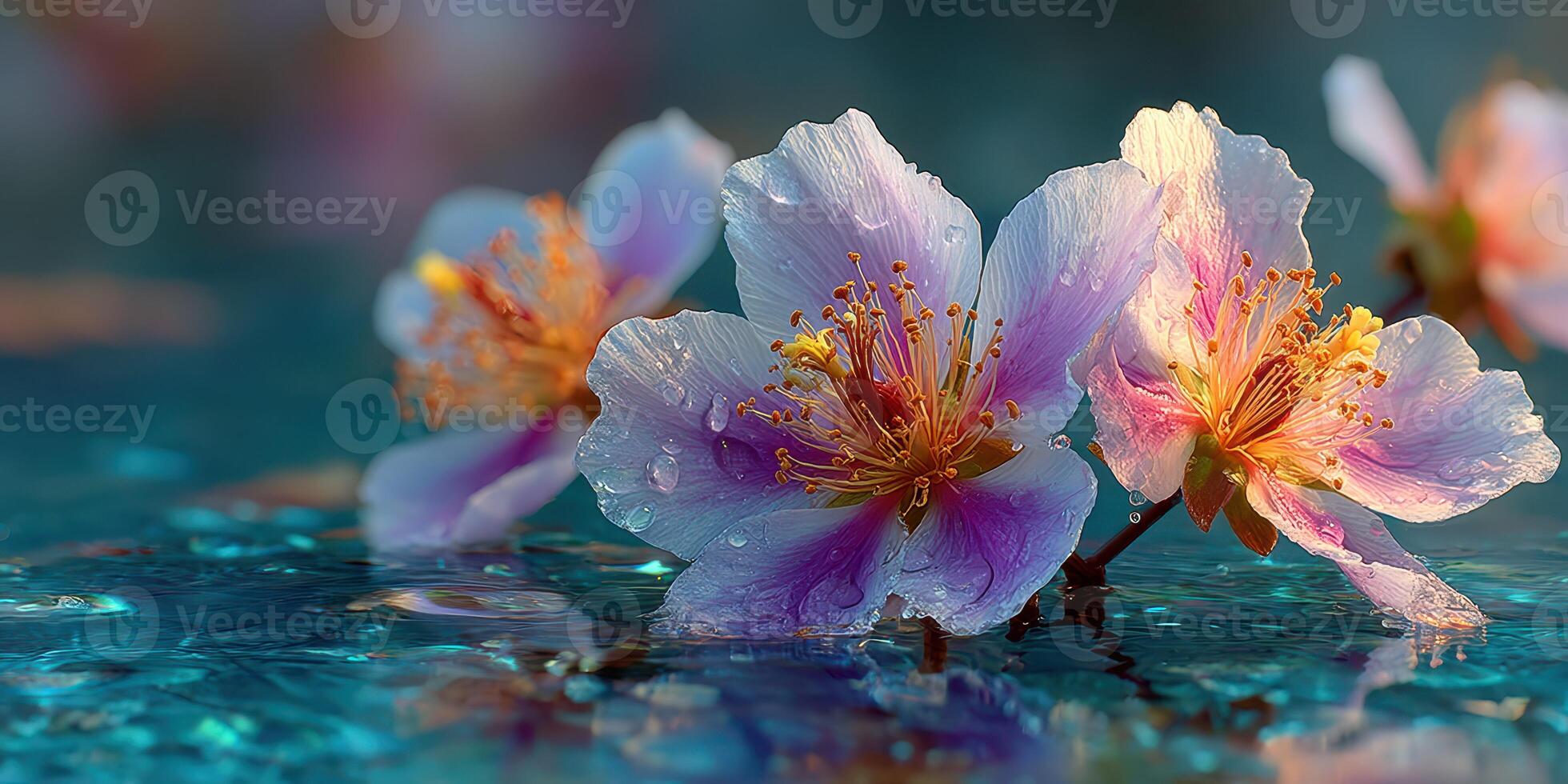 Delicate blossoms float serenely on calm water during a soft morning light in a tranquil setting photo