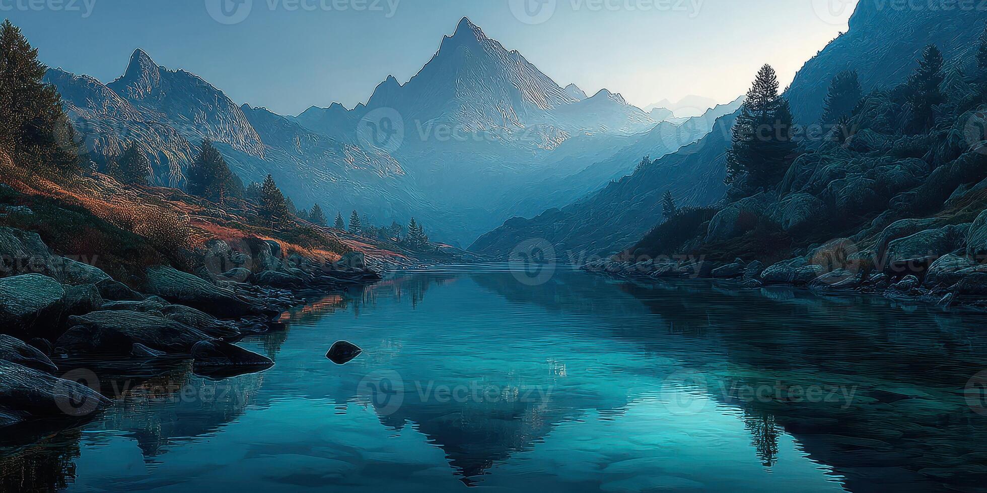 Serene mountain landscape reflecting in clear blue lake during early morning light in a tranquil setting photo