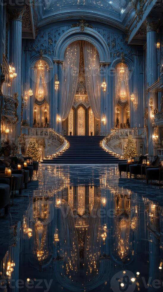 Majestic ballroom with elegant decor and twinkling lights during an evening event photo
