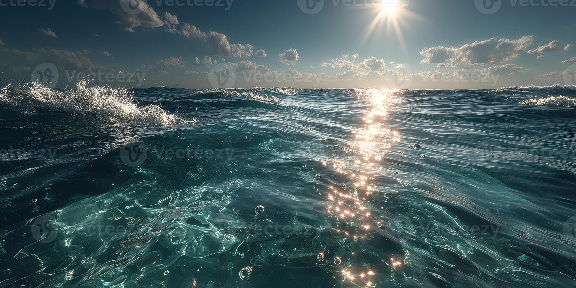 Calming ocean waves sparkle under the bright sun during midday with clouds scattered in the sky photo