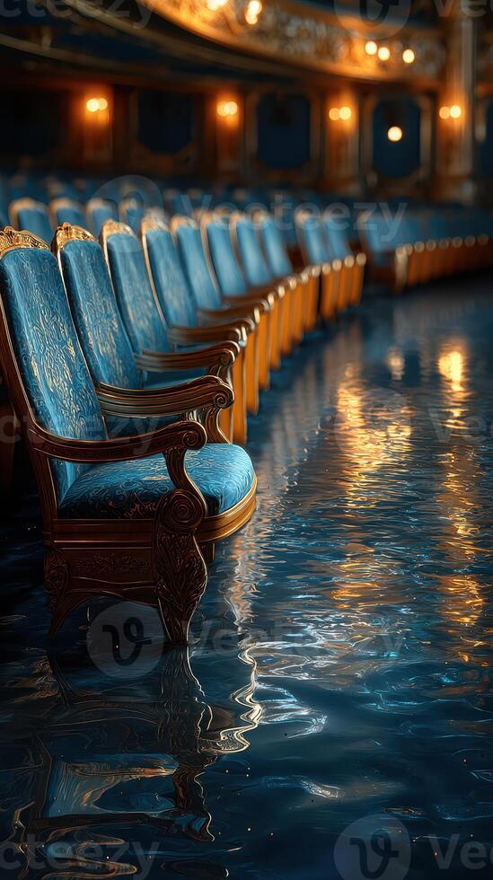 Elegant blue velvet chairs reflecting on a shiny floor in a grand theater during an evening performance photo