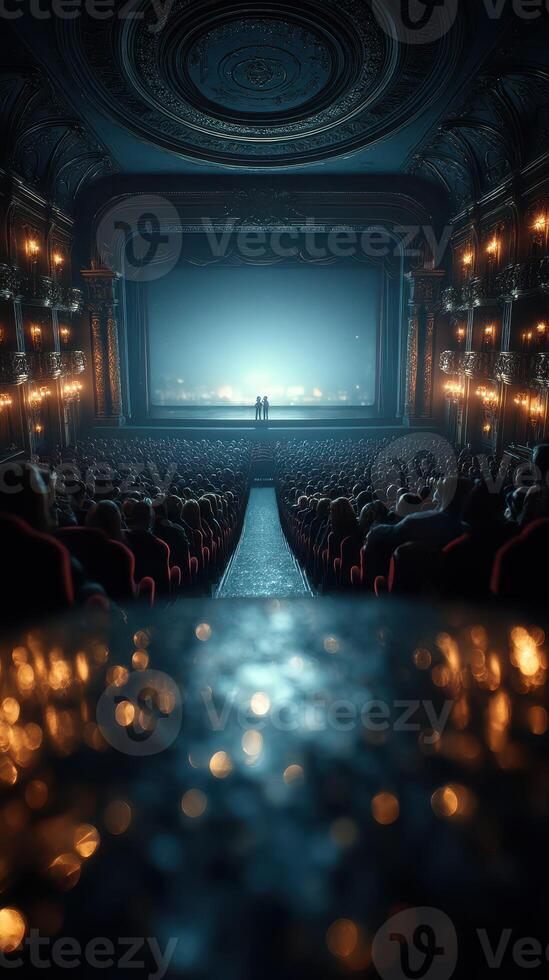 Exciting performance in a grand theater with a vibrant audience watching the stage lights fade photo