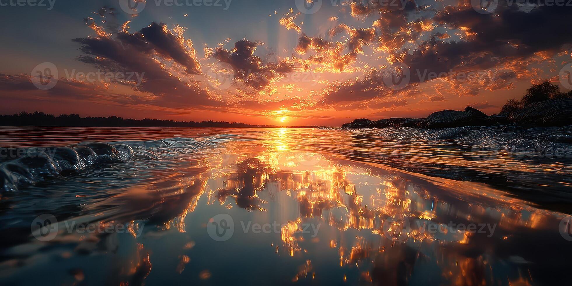 Vibrant sunset over calm water reflects colorful clouds and shimmering light at a tranquil lakeside location photo