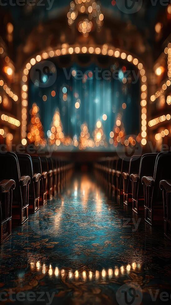 Brightly lit theater stage with elegant decor and empty seats at night photo