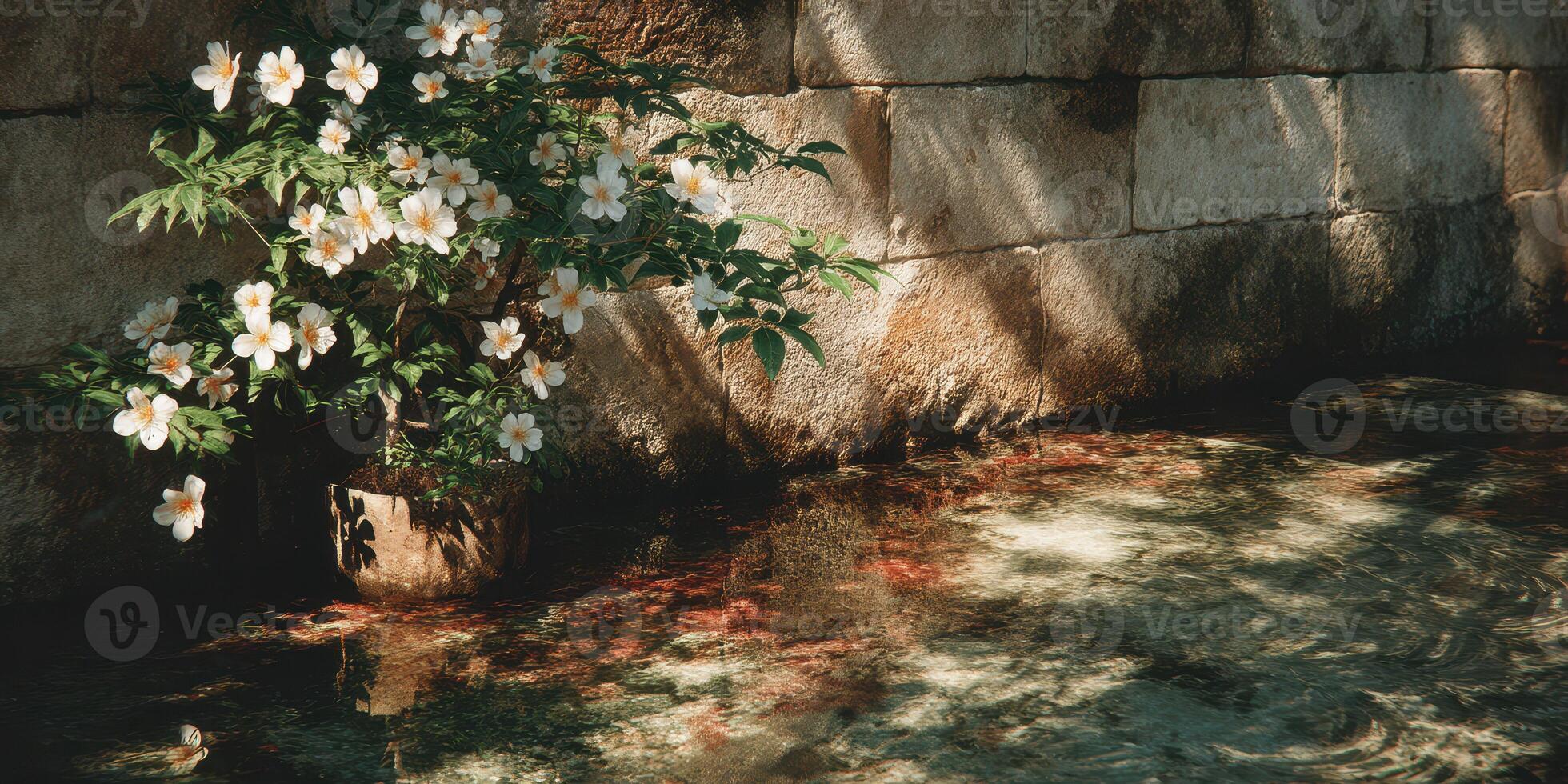 Beautiful flowering plant beside a serene water surface against a textured stone wall during midday light photo