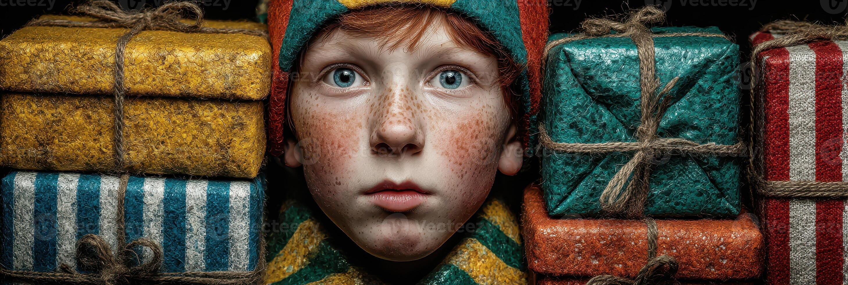 Child surrounded by colorful wrapped presents with a focused expression during a festive celebration photo