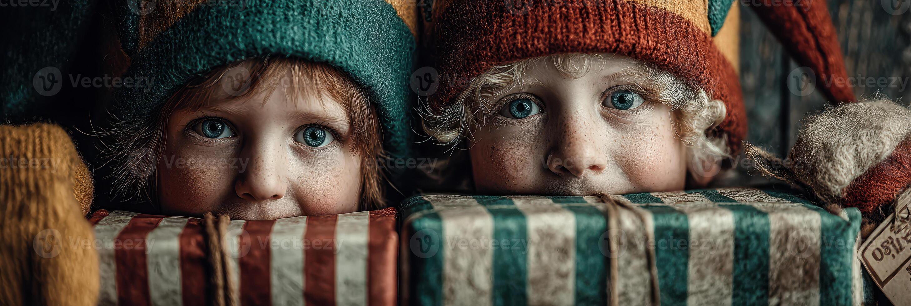 Children peek over colorful wrapped gifts during a festive celebration in a cozy setting on a winter day photo