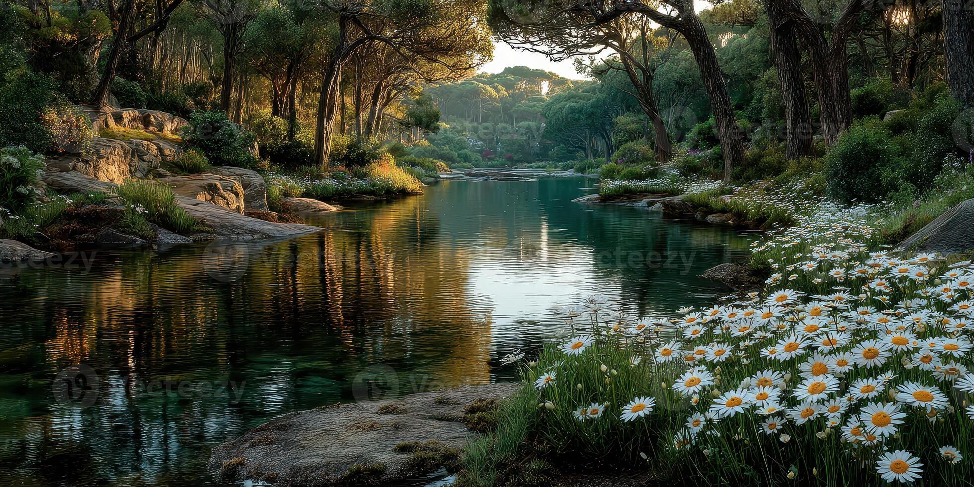 Serene riverbank with blooming daisies and sunlit trees during golden hour in a tranquil forest setting photo