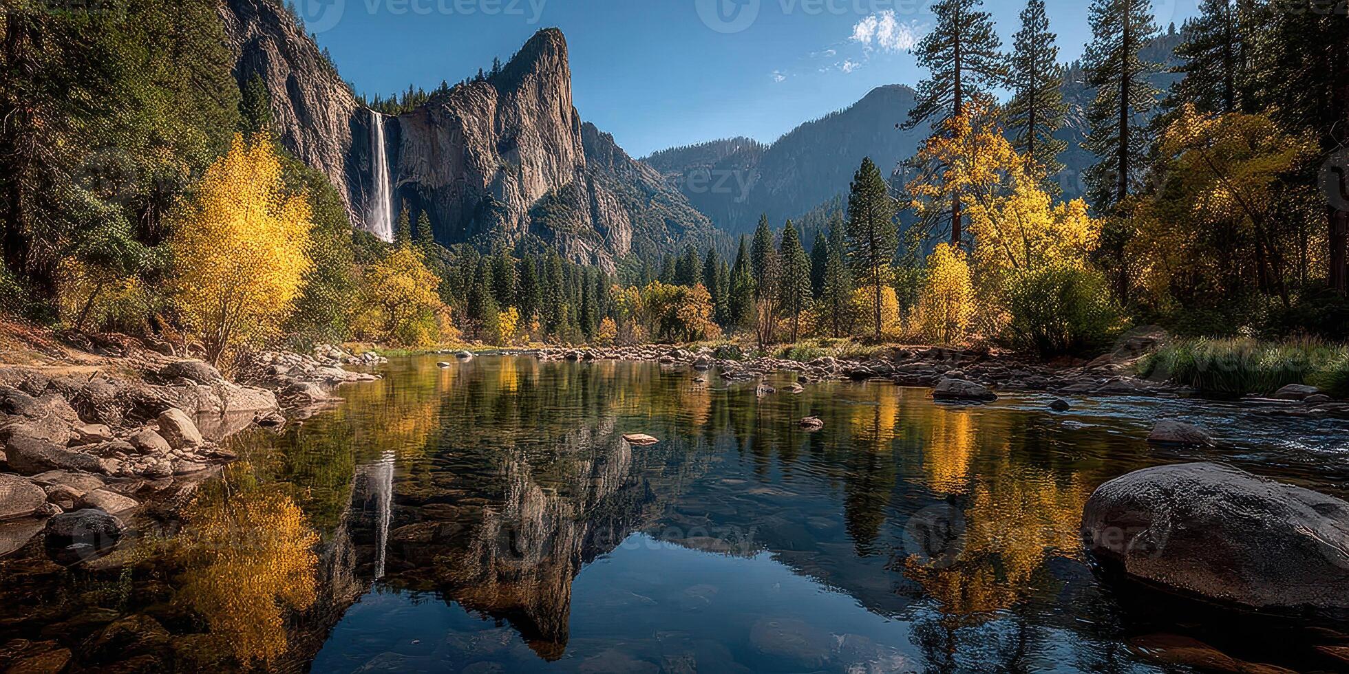 Vibrant autumn landscape with waterfall and forest reflection in Yosemite National Park during midday photo