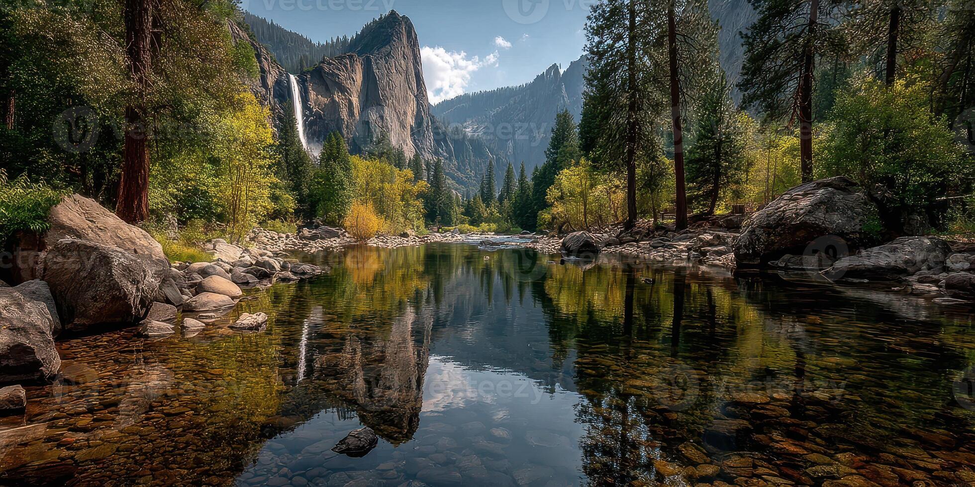 Breathtaking view of a serene lake surrounded by mountains and tall trees during midday in a national park photo