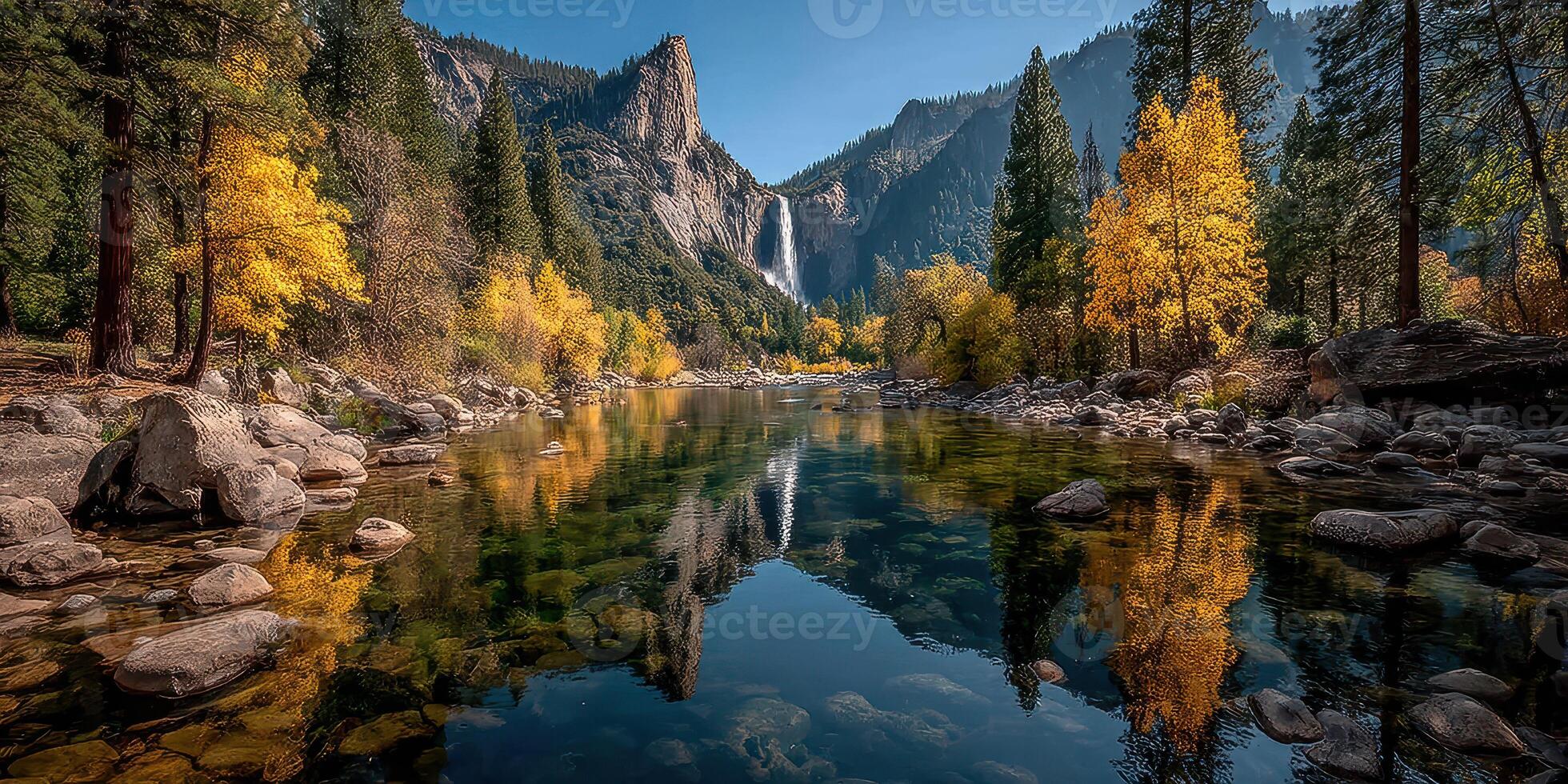 Autumn reflection on a calm river with golden trees and mountains in the background under a clear blue sky photo