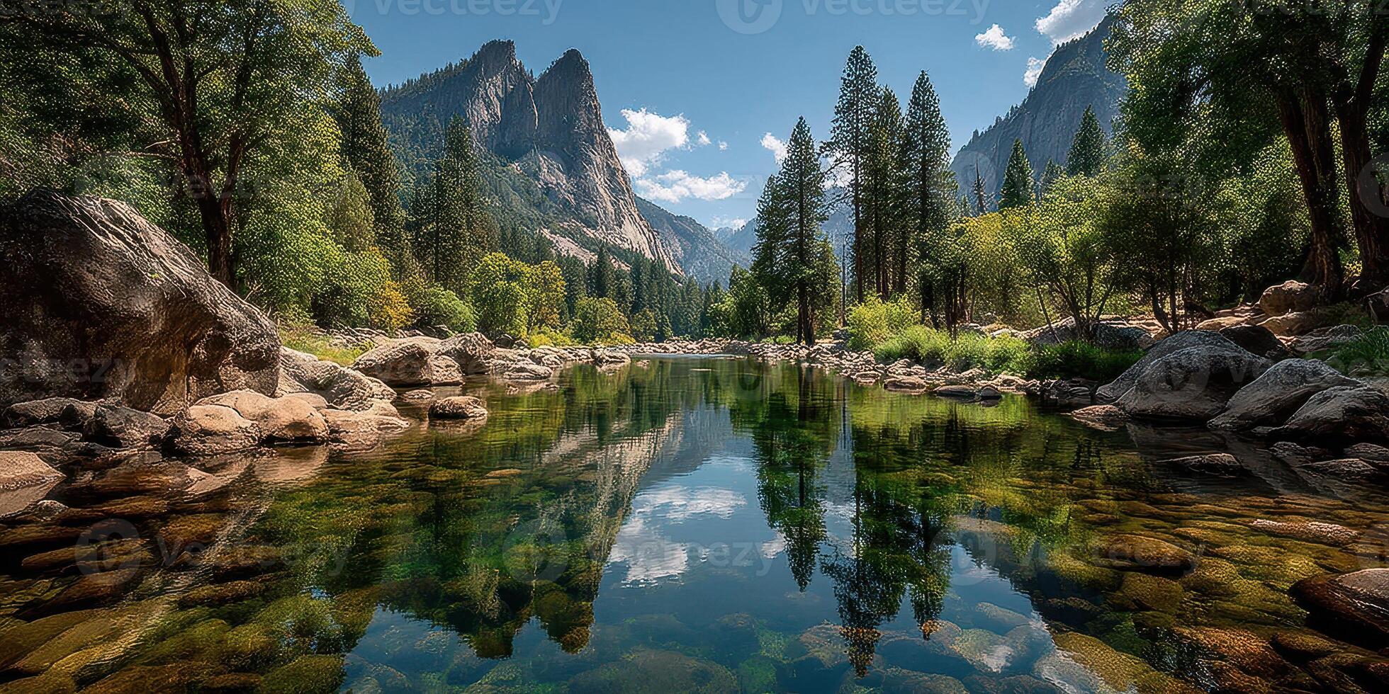 Majestic mountain vista reflecting in tranquil lake surrounded by lush greenery on a sunny day photo