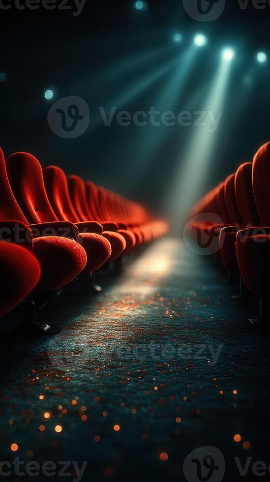 Rows of red theater seats illuminated by a spotlight in a dimmed performance venue during an evening show photo