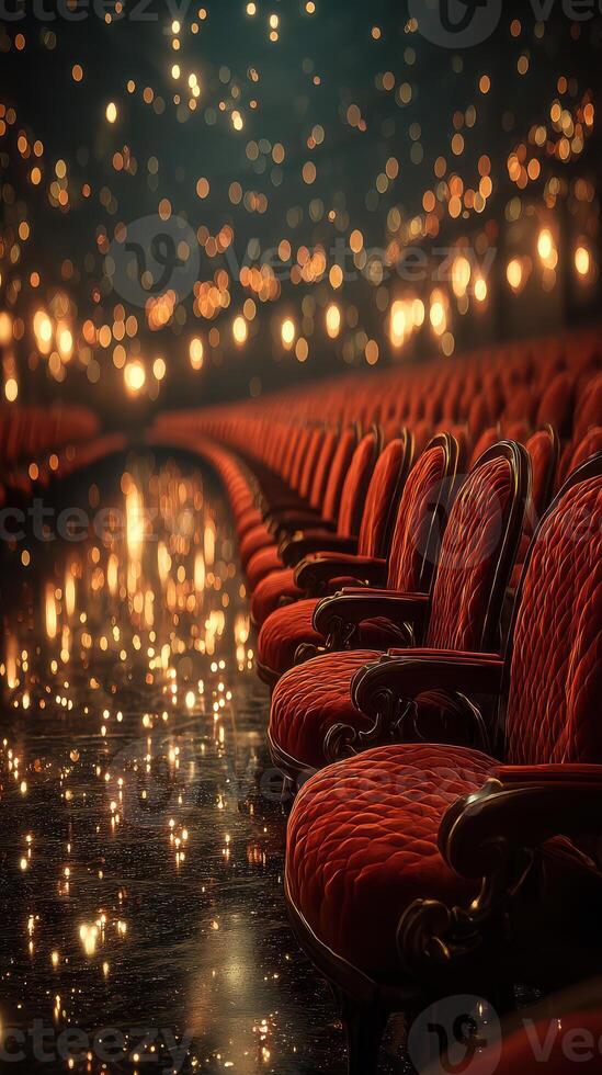 Elegant red chairs in a theater with soft glowing lights during an evening performance photo