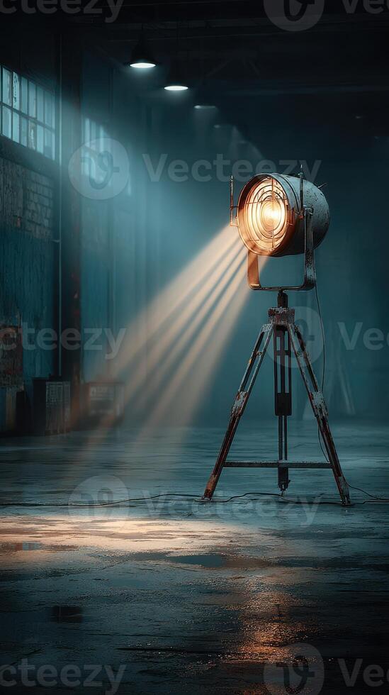 Vintage spotlights illuminate a deserted warehouse, creating a dramatic atmosphere in the dimly lit space photo