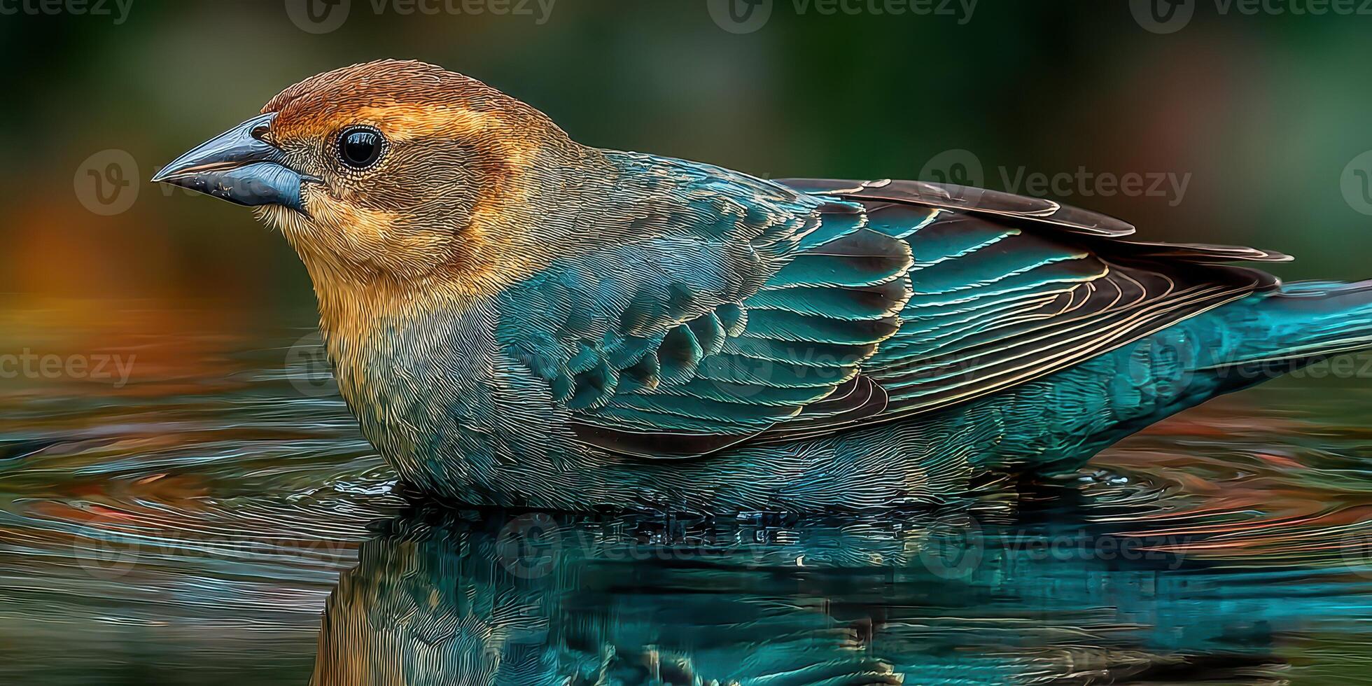 Bird splashing in crystal-clear water with vibrant feathers against a blurred green background photo