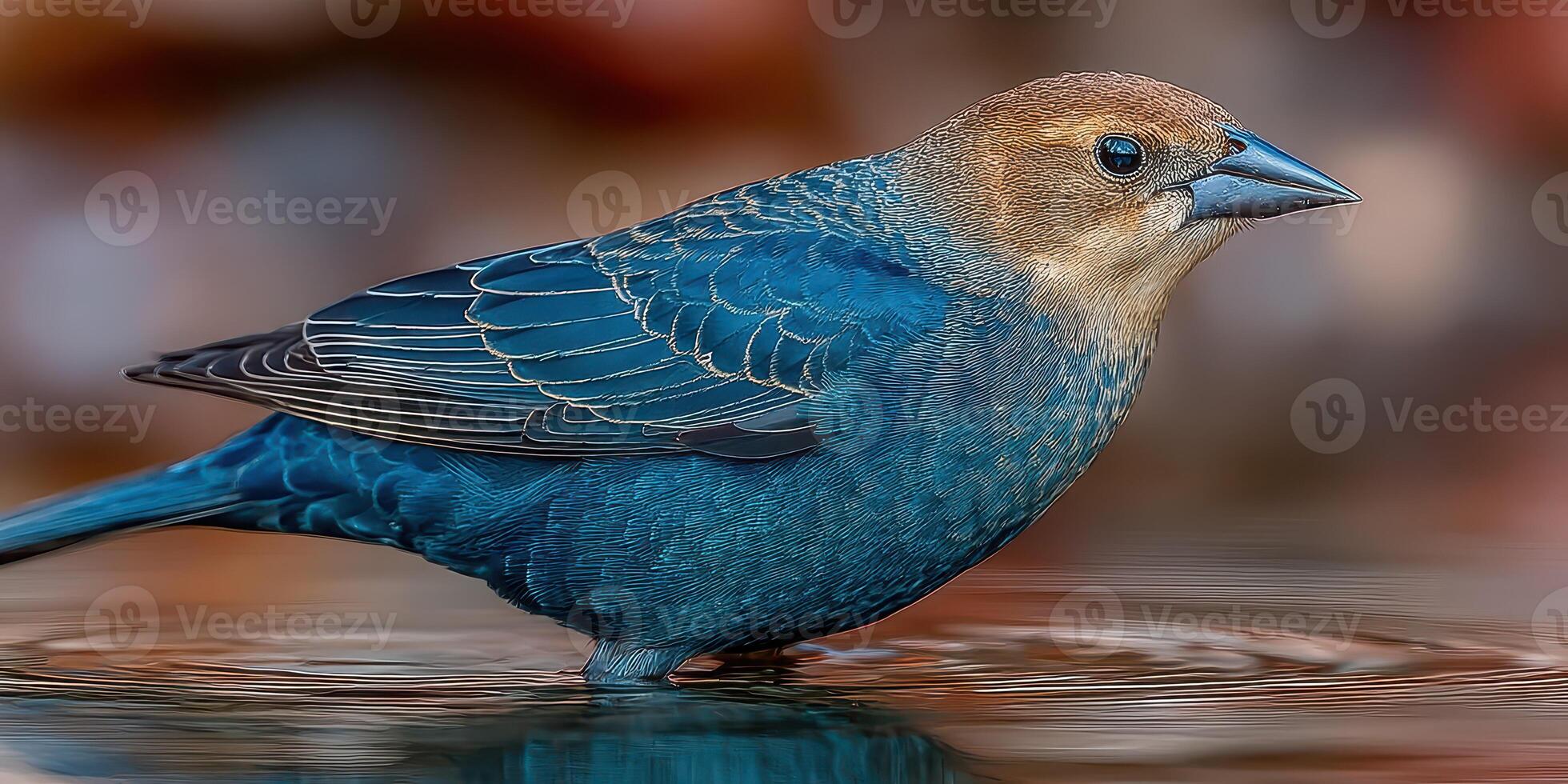 Colorful blue bird wades through shallow water under soft sunlight in a nature setting photo