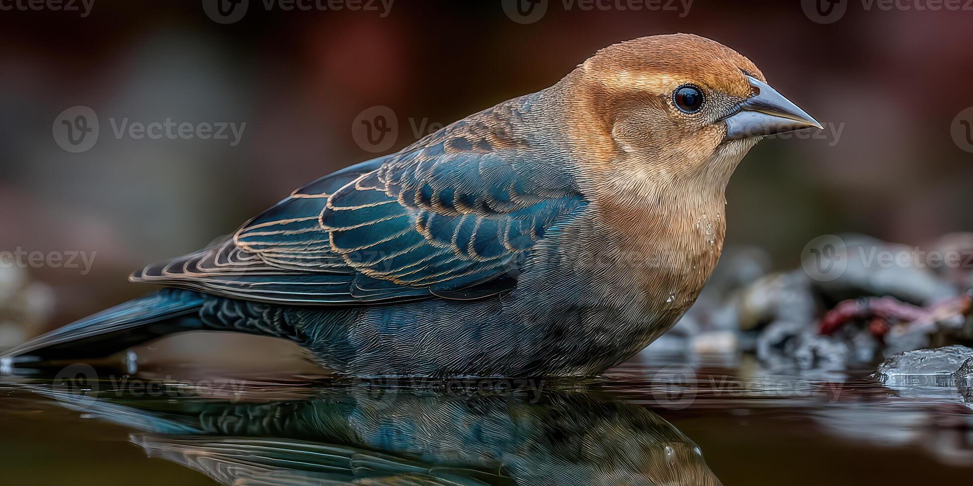 Detailed view of a brown-headed bird standing by calm water in a natural setting during daylight hours photo