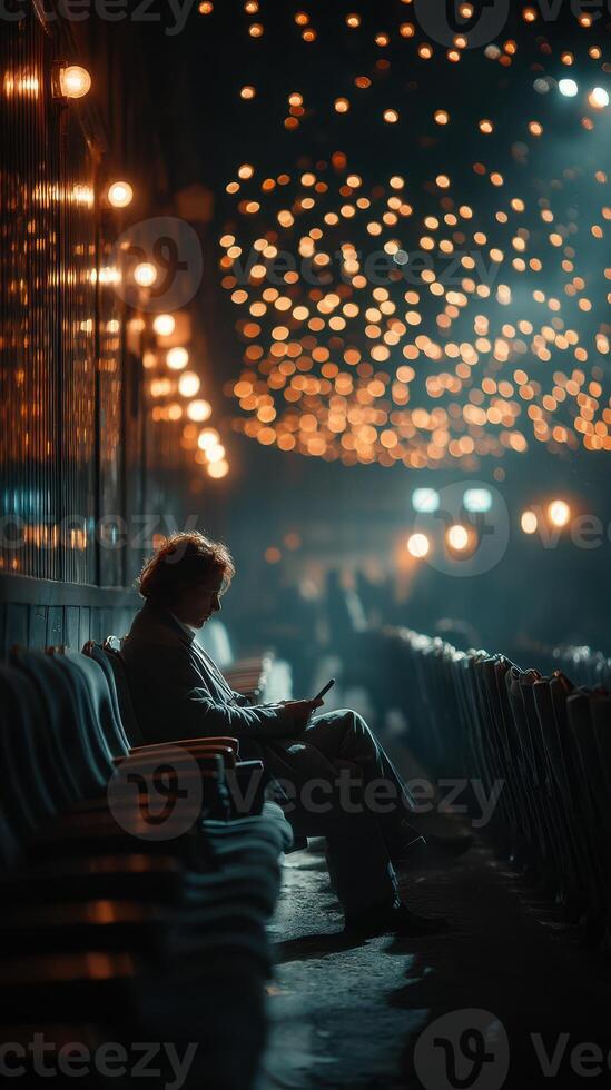 Evening ambiance with a solitary figure immersed in digital content at a dimly lit venue filled with twinkling lights photo