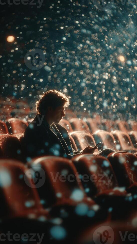 Individual enjoying quiet moment in a dimly lit theater with soft light and shimmering particles photo