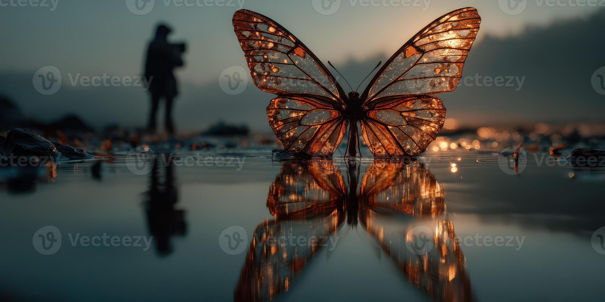 Sunrise reflection of a butterfly with a photographer capturing nature at the riverside photo