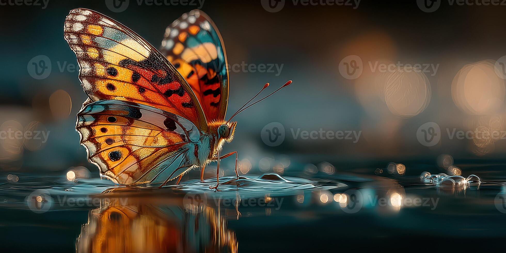 Colorful butterfly perched on water with sparkling reflections during sunset photo