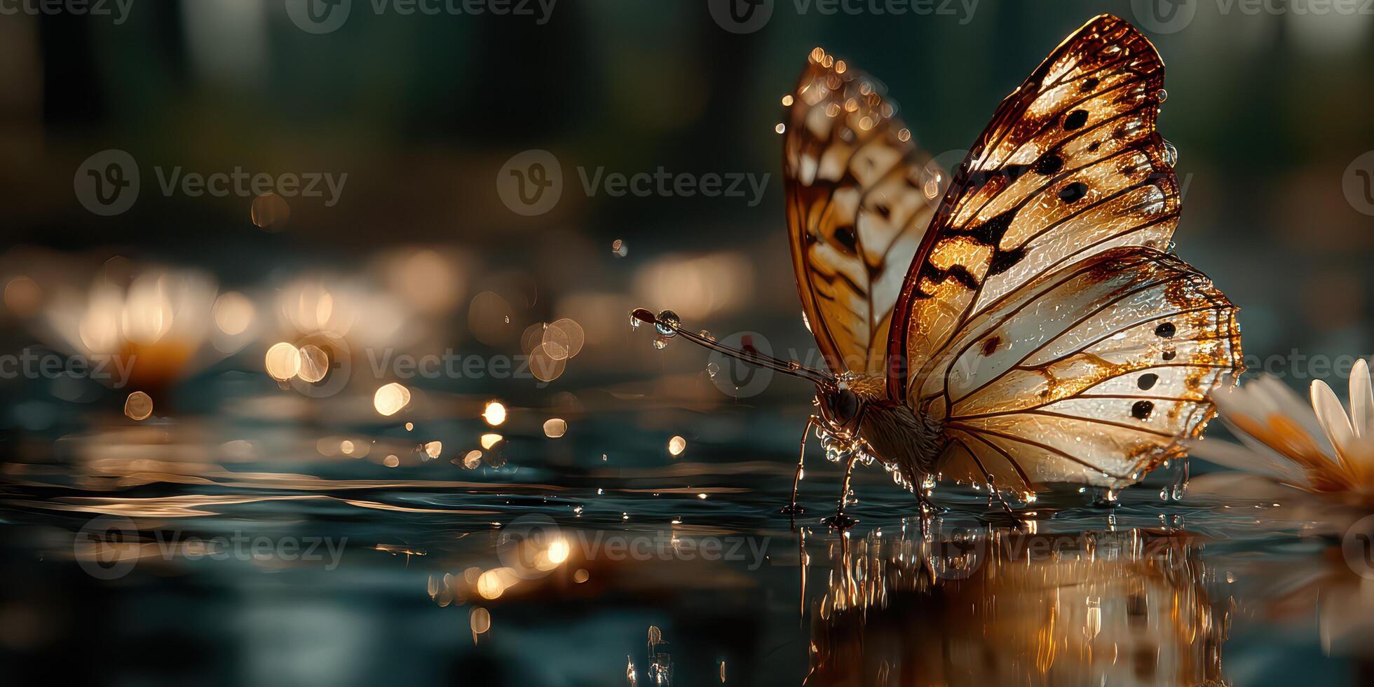 Butterfly resting on water among blooming lilies during a serene sunrise in a tranquil natural setting photo