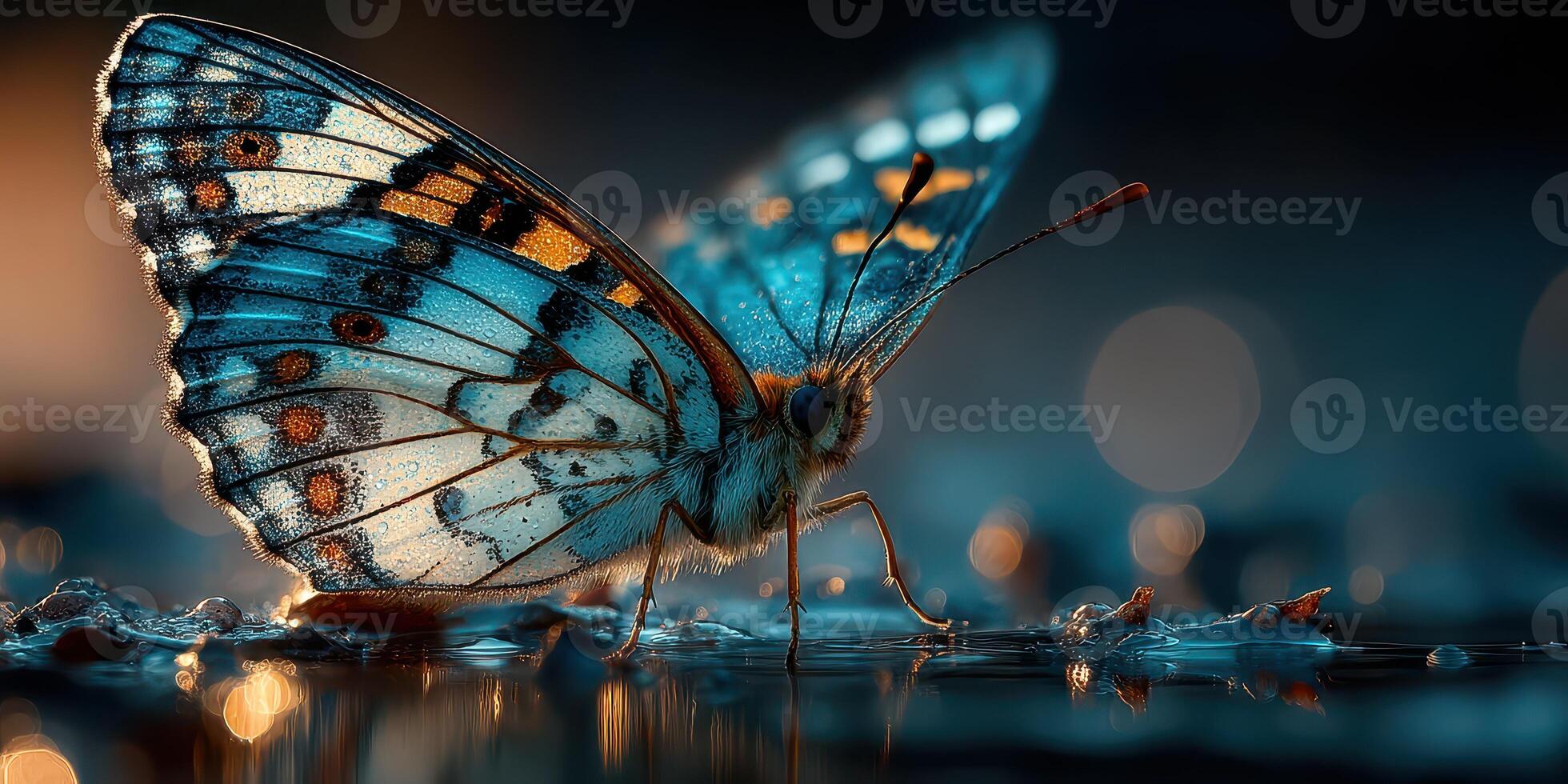 Colorful butterfly resting on water droplets in a tranquil garden during early morning light photo
