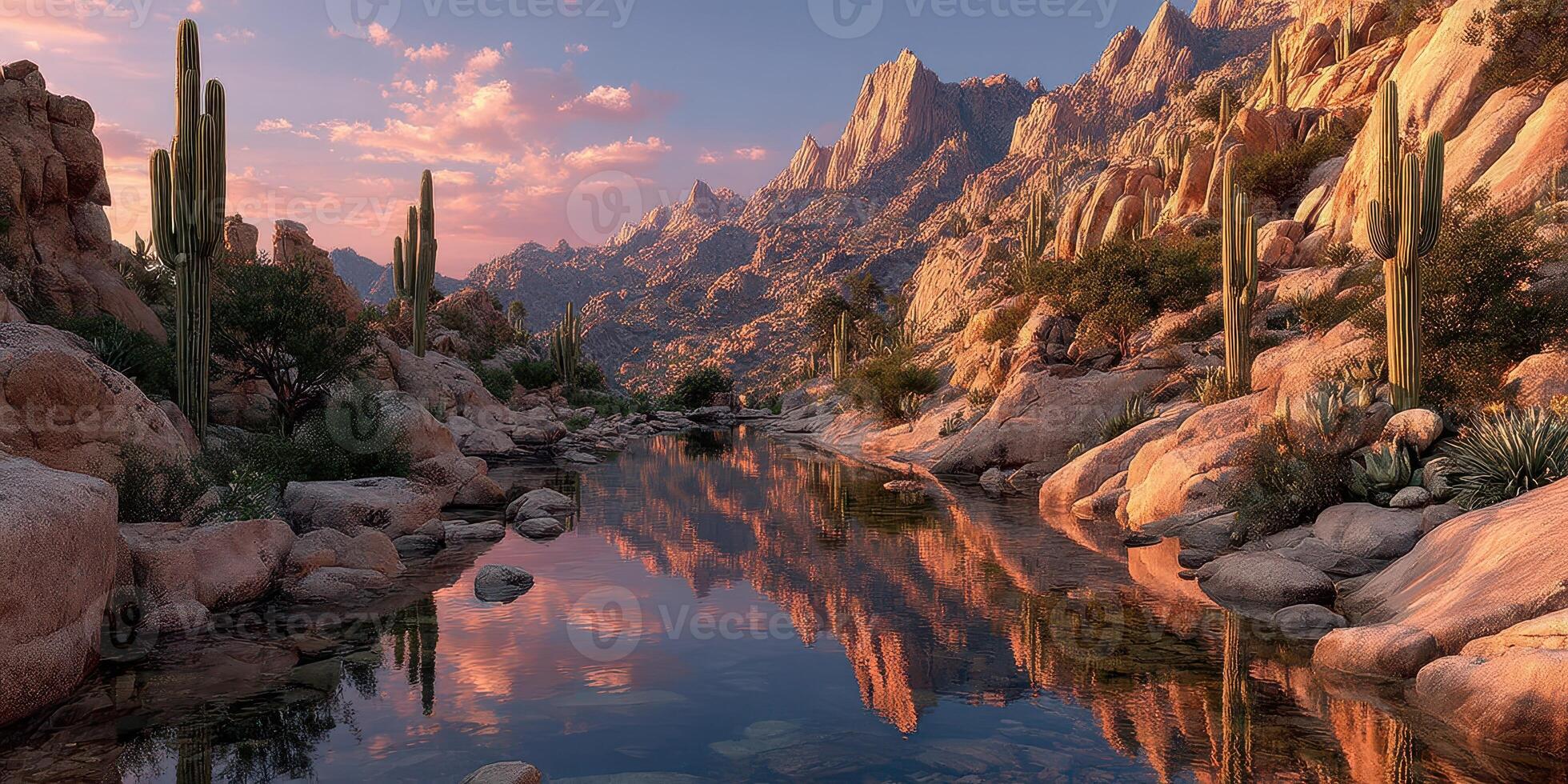 Serene reflection of mountains and cacti along a tranquil river at sunset in a desert landscape photo