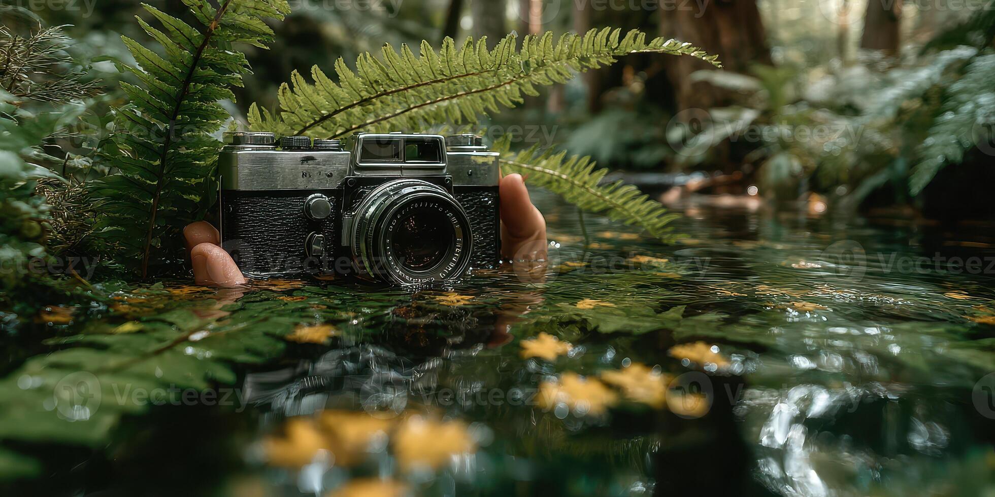 Camera submerged in serene forest waters surrounded by ferns and colorful leaves during a tranquil afternoon photo