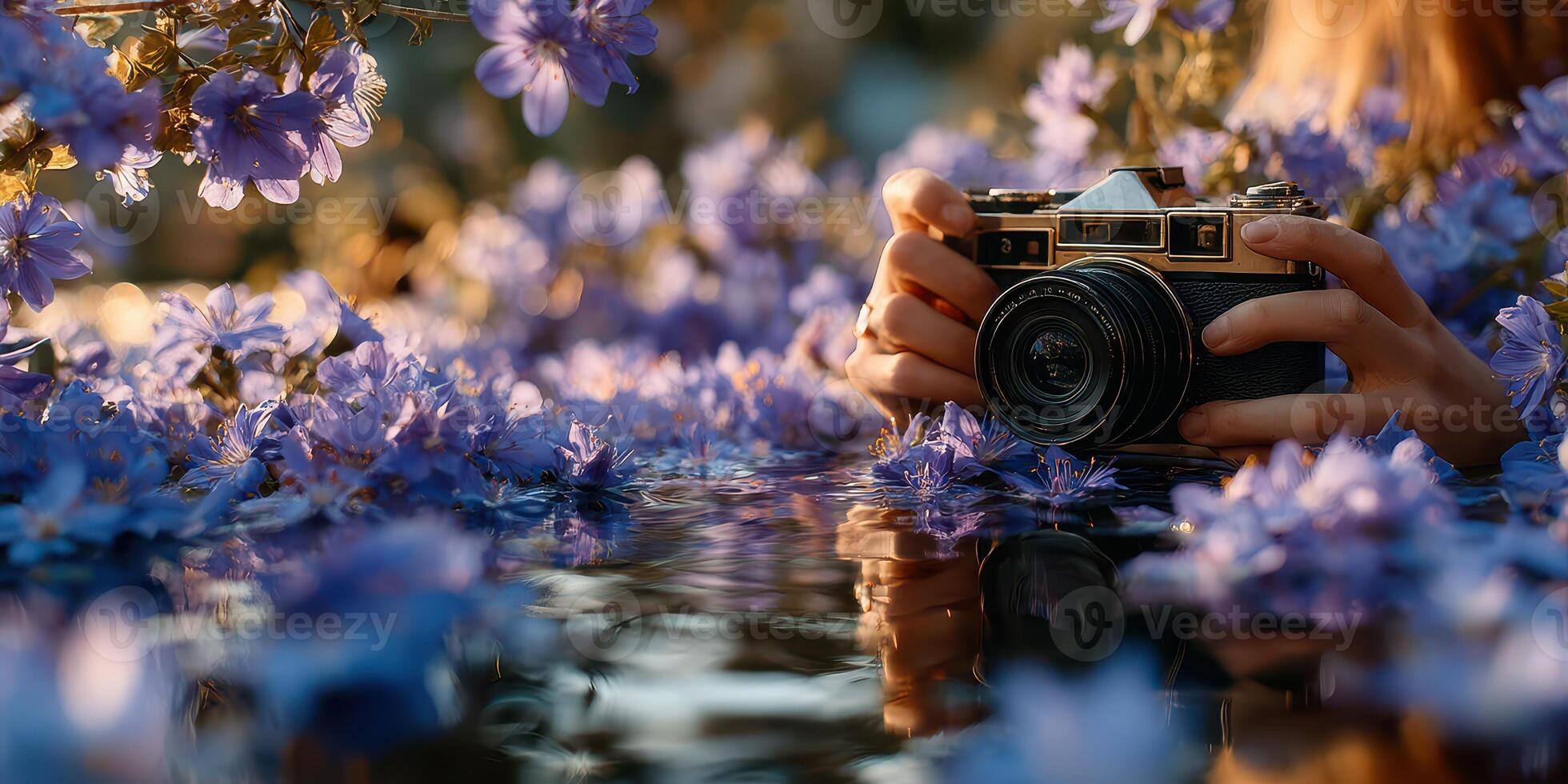 Capturing nature's beauty amidst blooming flowers during golden hour near a tranquil water surface photo