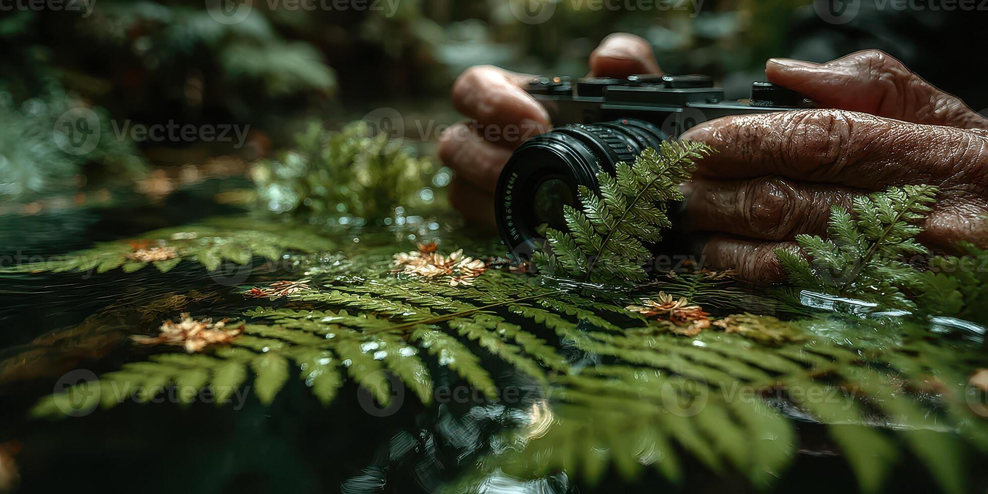 Close-up of weathered hands holding a camera above water surrounded by ferns and flowers in a lush forest setting photo