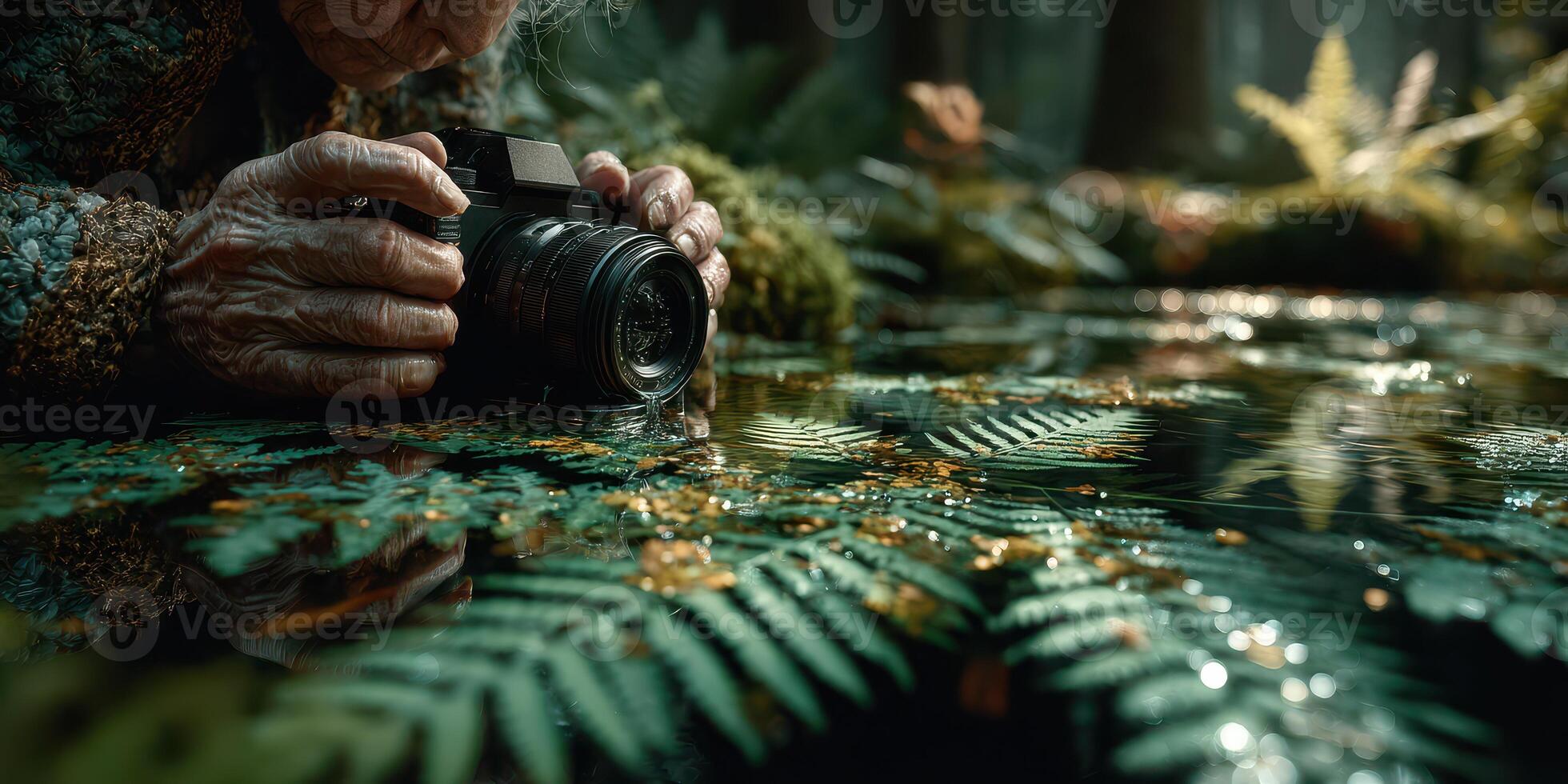 Elderly woman capturing nature's beauty through a camera in a serene forest setting amidst lush greenery photo