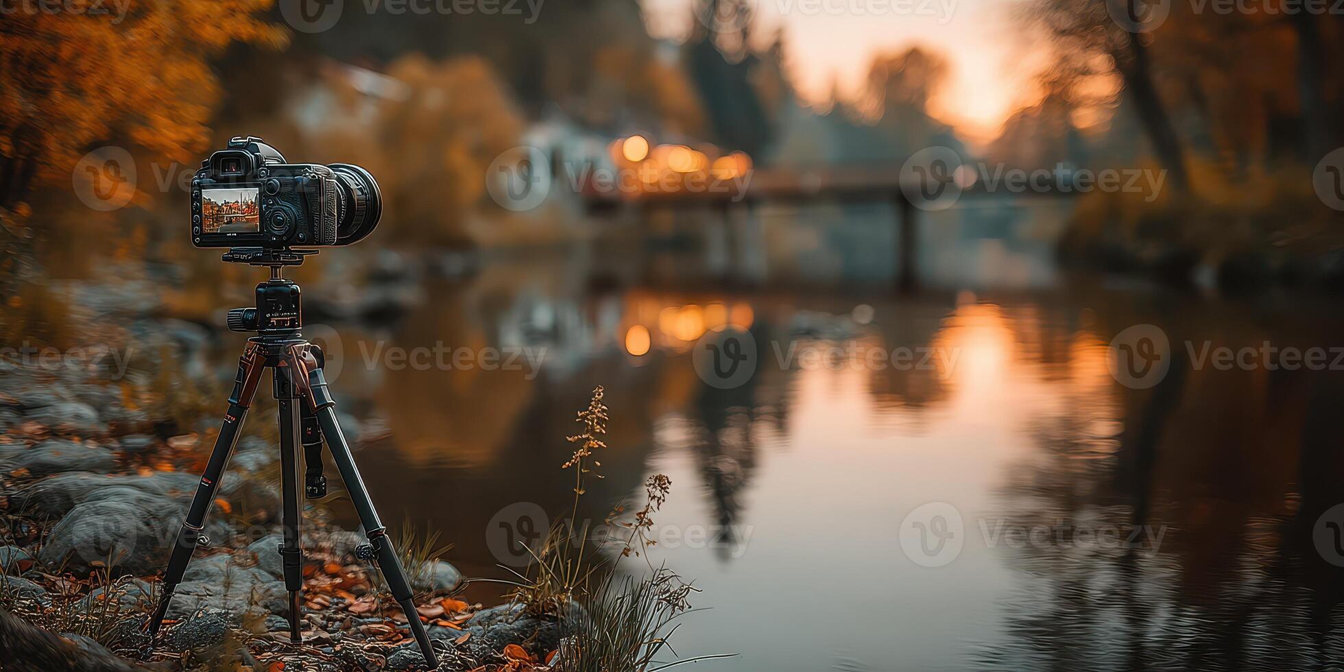 Golden hour landscape photography at a tranquil river with a camera on a tripod and serene reflections photo