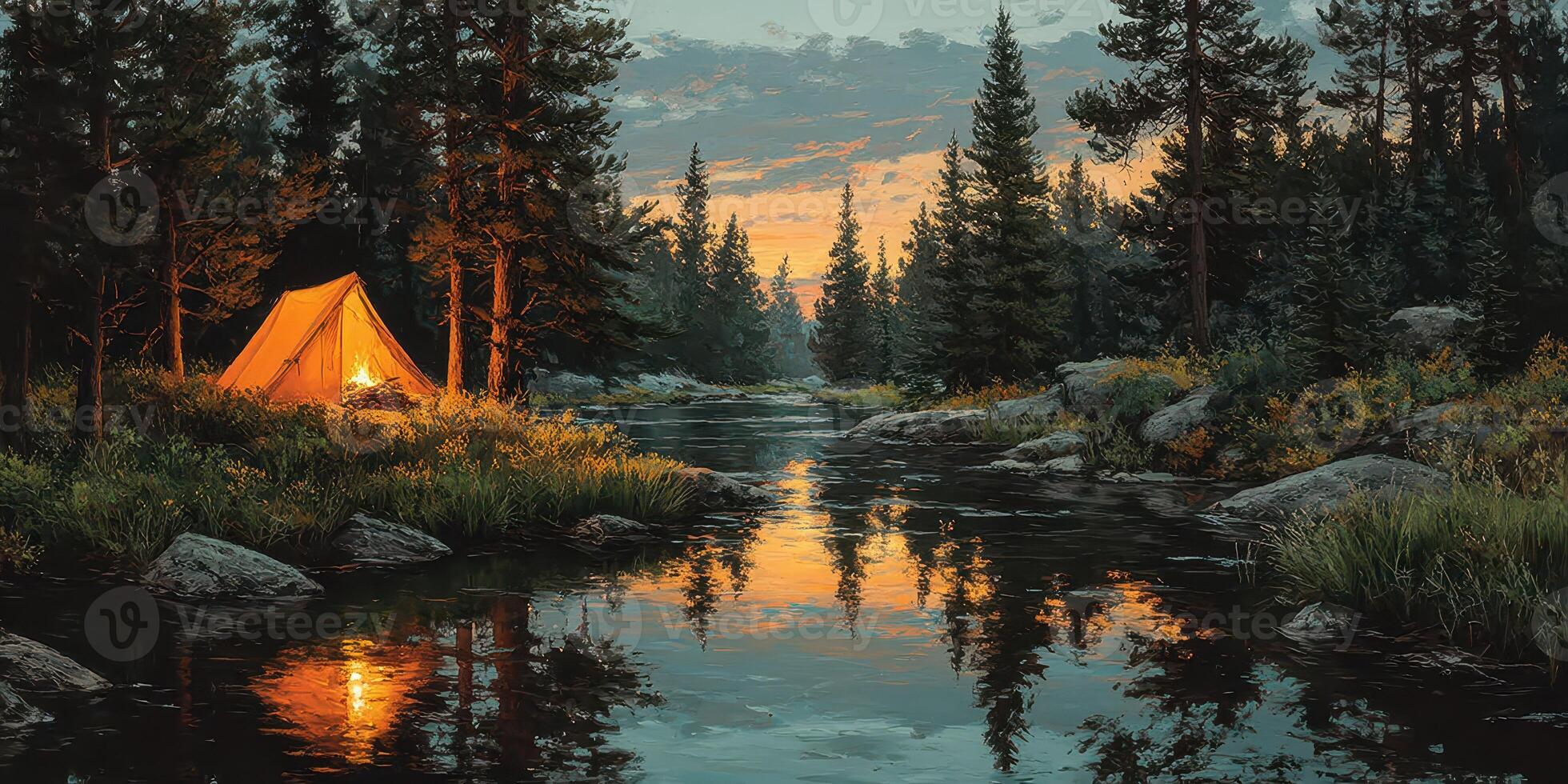 Camping by a serene river at sunset in a tranquil forest setting photo