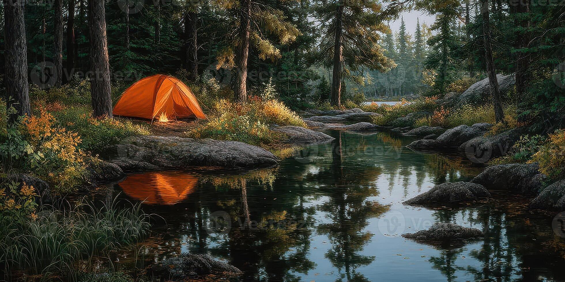 Bright orange tent by calm river surrounded by lush trees and rocks during golden hour photo