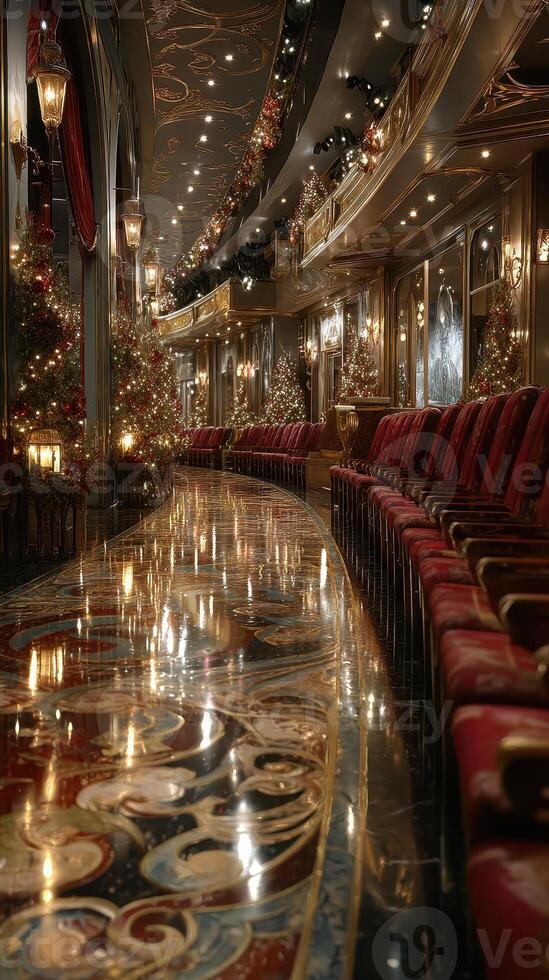 Elegant hallway adorned with Christmas decorations and glowing lights during festive celebration in a luxurious venue photo