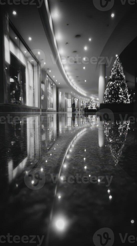 Holiday decorations enhance the festive atmosphere in a bustling shopping mall during the evening hours photo