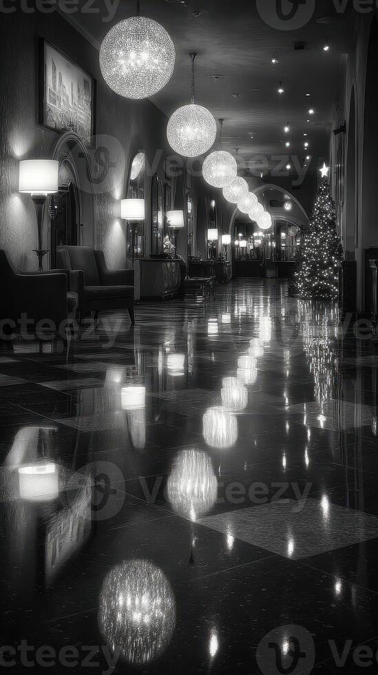 Elegant hotel hallway decorated for the holidays with shimmering lights and a Christmas tree photo