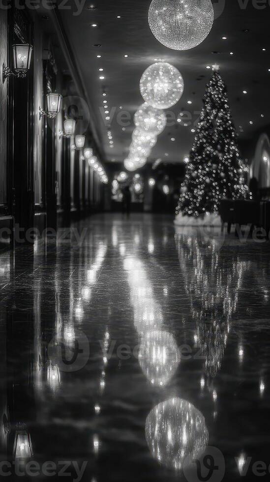 Elegant corridor adorned with festive lights and a majestic Christmas tree during holiday season photo
