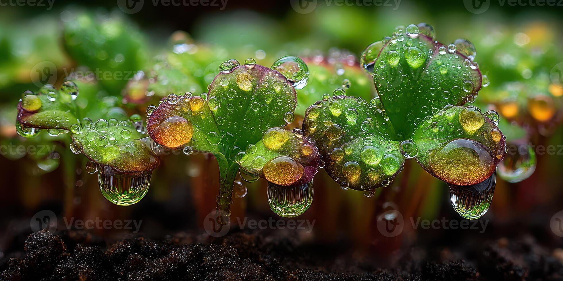 Sprouting seedlings glisten with water droplets in a nurturing soil environment during early morning hours photo