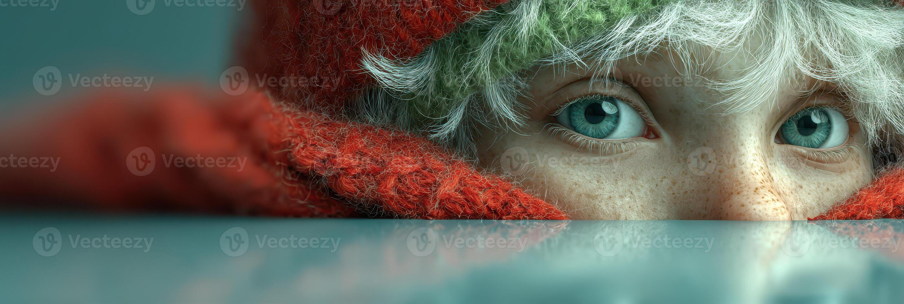 Child with striking blue eyes peeking out from under a red scarf on a cold winter day photo