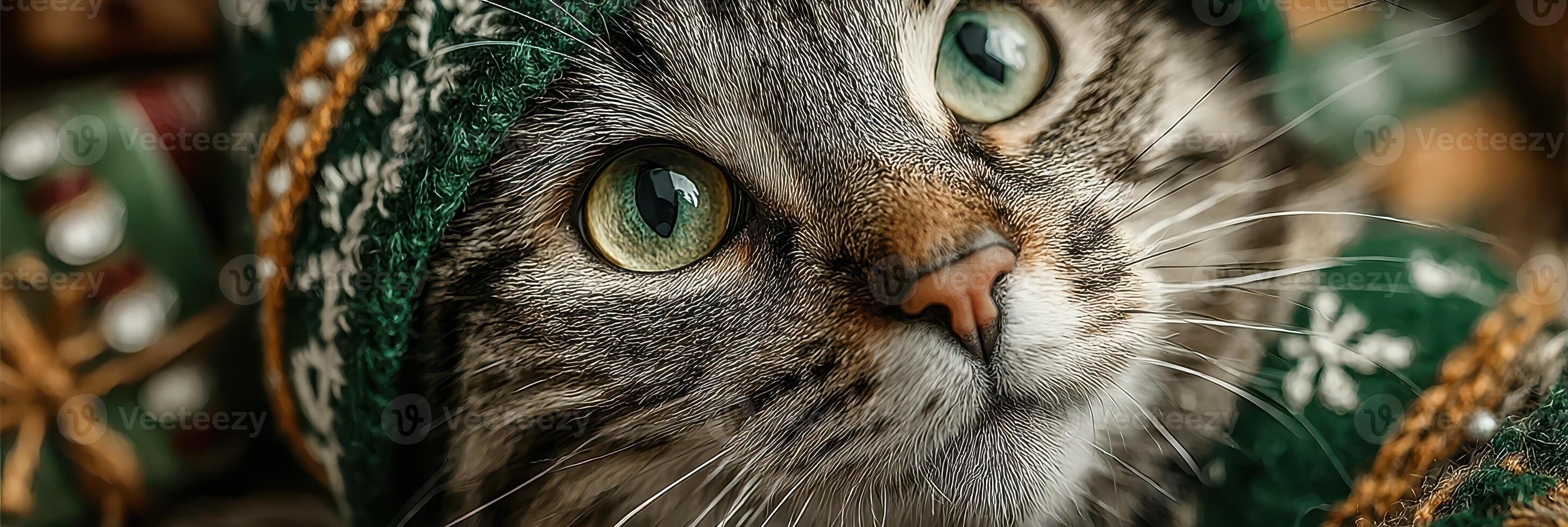 Cute cat with striking green eyes nestled in cozy winter blanket during festive season photo